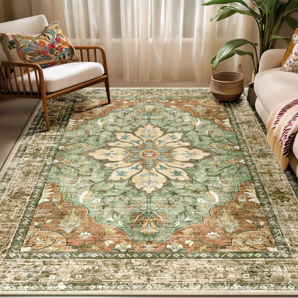 Releany Area Rugs - 5'x7' Washable Non-Slip Floral Vintage Medallion Carpet | Brick Red & Rust