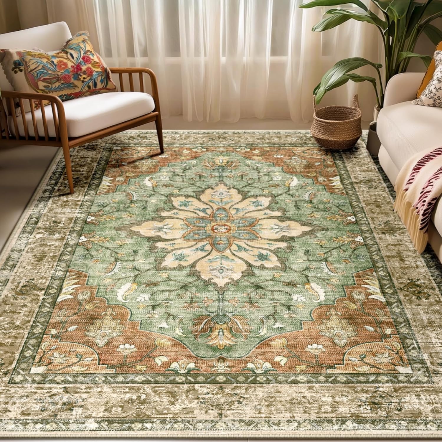 Releany Area Rugs - 5'x7' Washable Non-Slip Floral Vintage Medallion Carpet | Brick Red & Rust