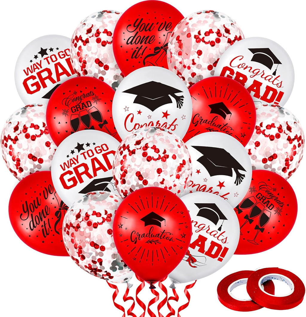 Whaline Graduation Party Balloons Set - 60 Pcs with Confetti & Grad Cap Designs | Red & White
