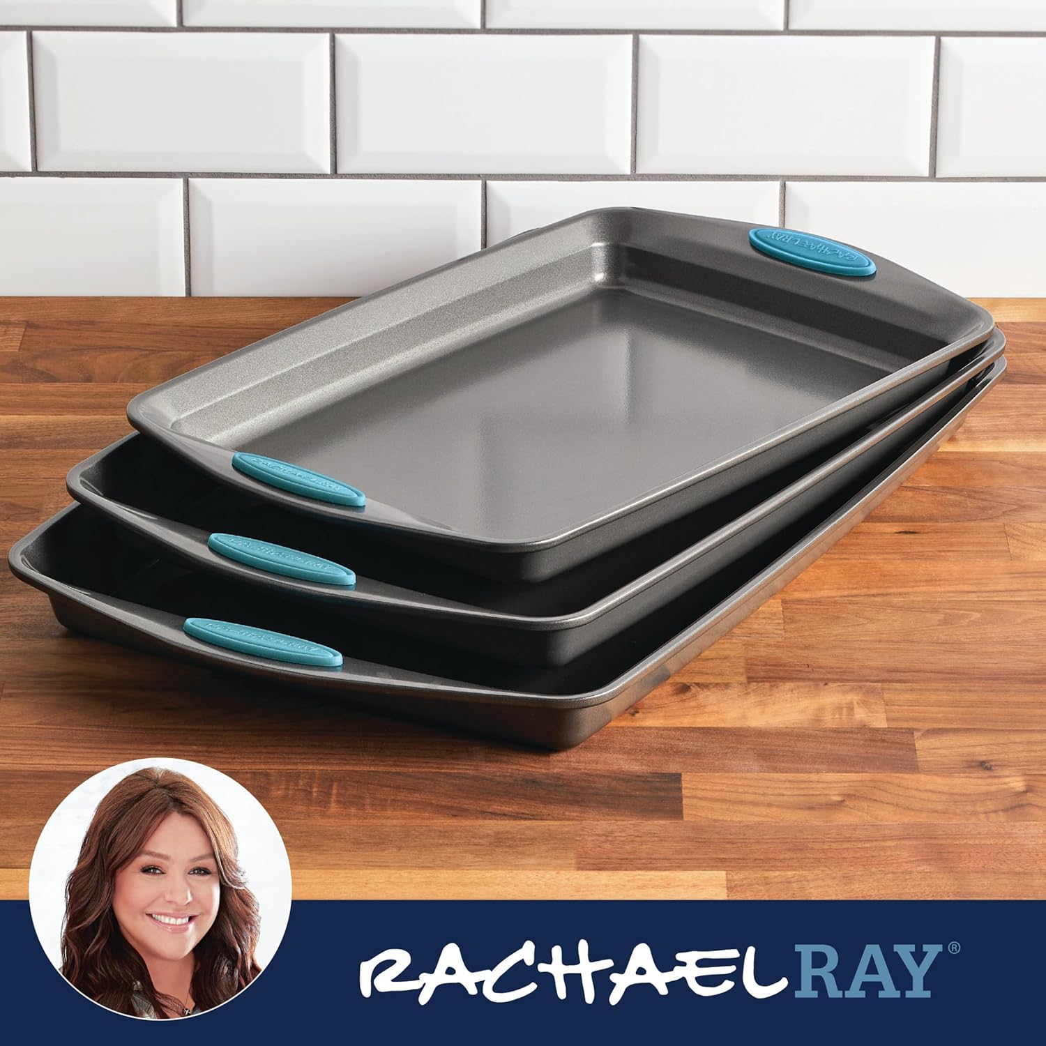 Rachael Ray Bakeware Nonstick Cookie Pan Set - 3-Piece Gray with Agave Blue Grips