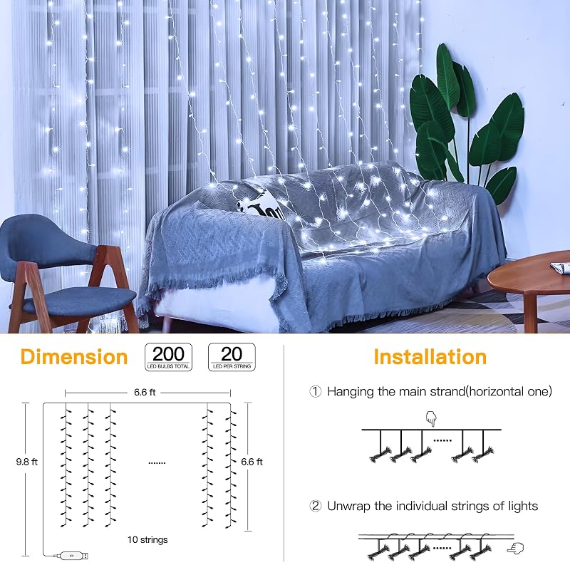 Ollny Curtain Lights 6.6x6.6ft 200 LED White with Remote – Cool White Variation