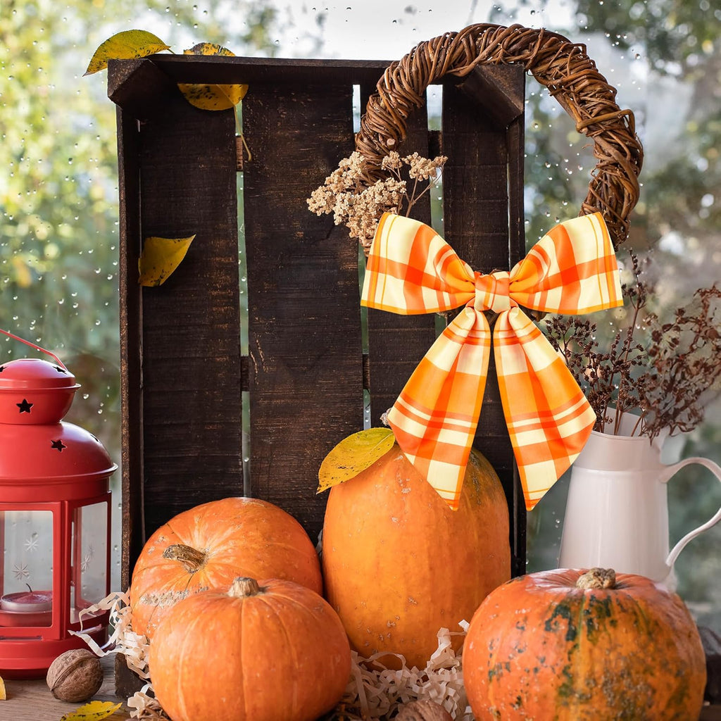 WATINC Wreath Sash - Autumn Orange 2pcs Buffalo Check DIY Bow for Front Door Decor | Thanksgiving Satin Accessories (56'' x 4.5'')