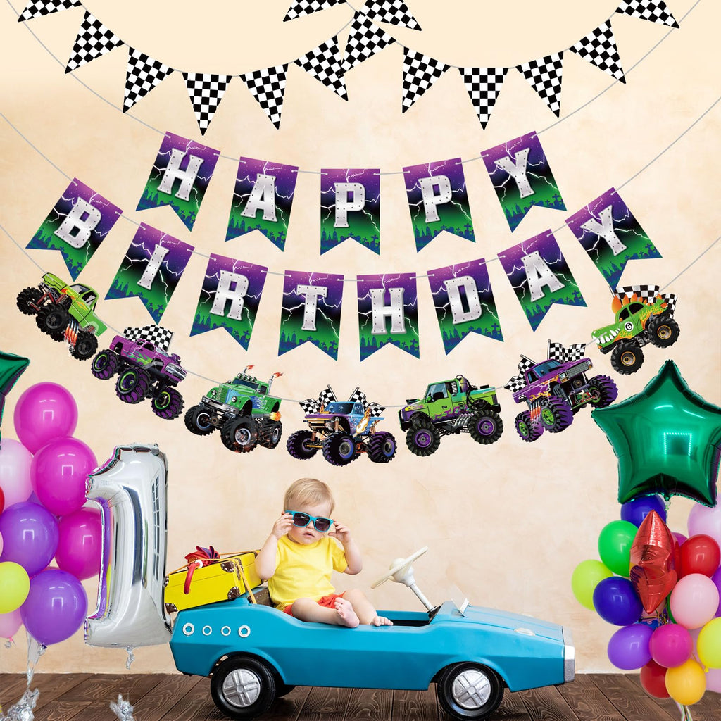 Pasimy 4 Pcs Monster Truck Birthday Banner Cars Truck Garland Black and White Checkered Flags Pennants Green Purple Happy Birthday Bunting Racing Car Theme Party Decorations Supplies