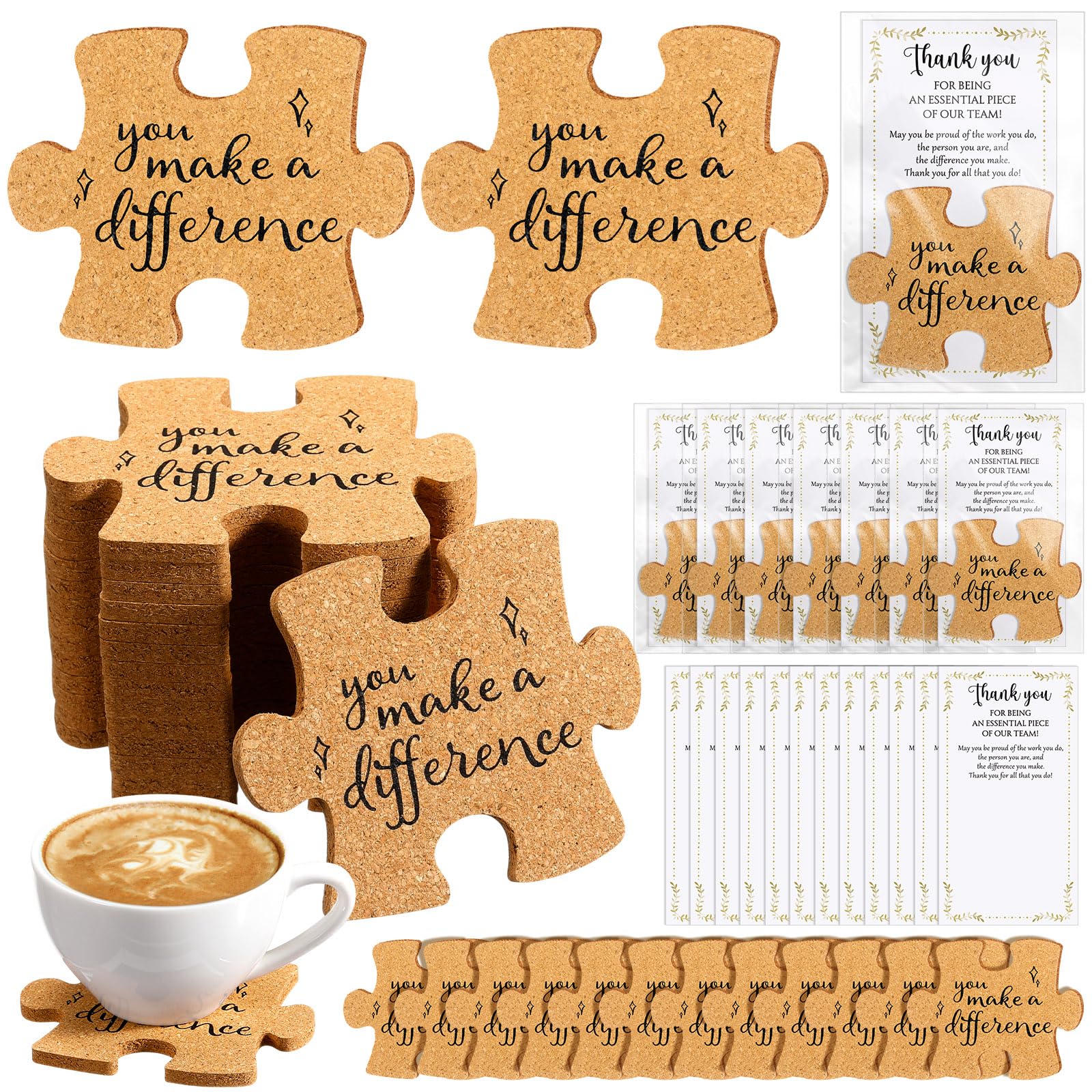 Hushee Inspirational Gift for Coworker Motivational Puzzle Piece Coasters Employee Appreciation Gifts with Cards Bags for Social Worker Staff Office(60 Pcs,You Make A Difference)