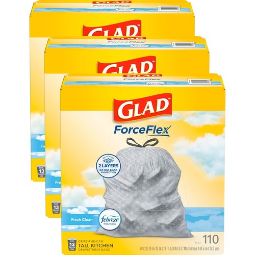 Glad ForceFlex Trash Bags - 13 Gallon Fresh Clean Drawstring Bags | 110 Count Pack of 3