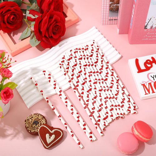 Whaline 100Pcs Valentine's Day Paper Straws Foil Red Heart Straws Disposable Drinking Straws for Wedding Birthday Party Supplies