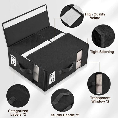 Homsorout Bed Sheet Organizer - Foldable Storage with Window & Label | XL Black Bedding Storage, 6 Pack