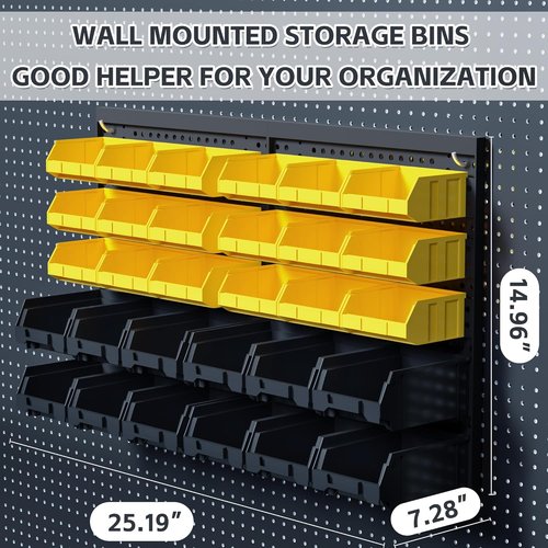 KJE Wall Mounted Storage Bins - 30PCS Plastic Tool Organizer for Garage | Black & Yellow