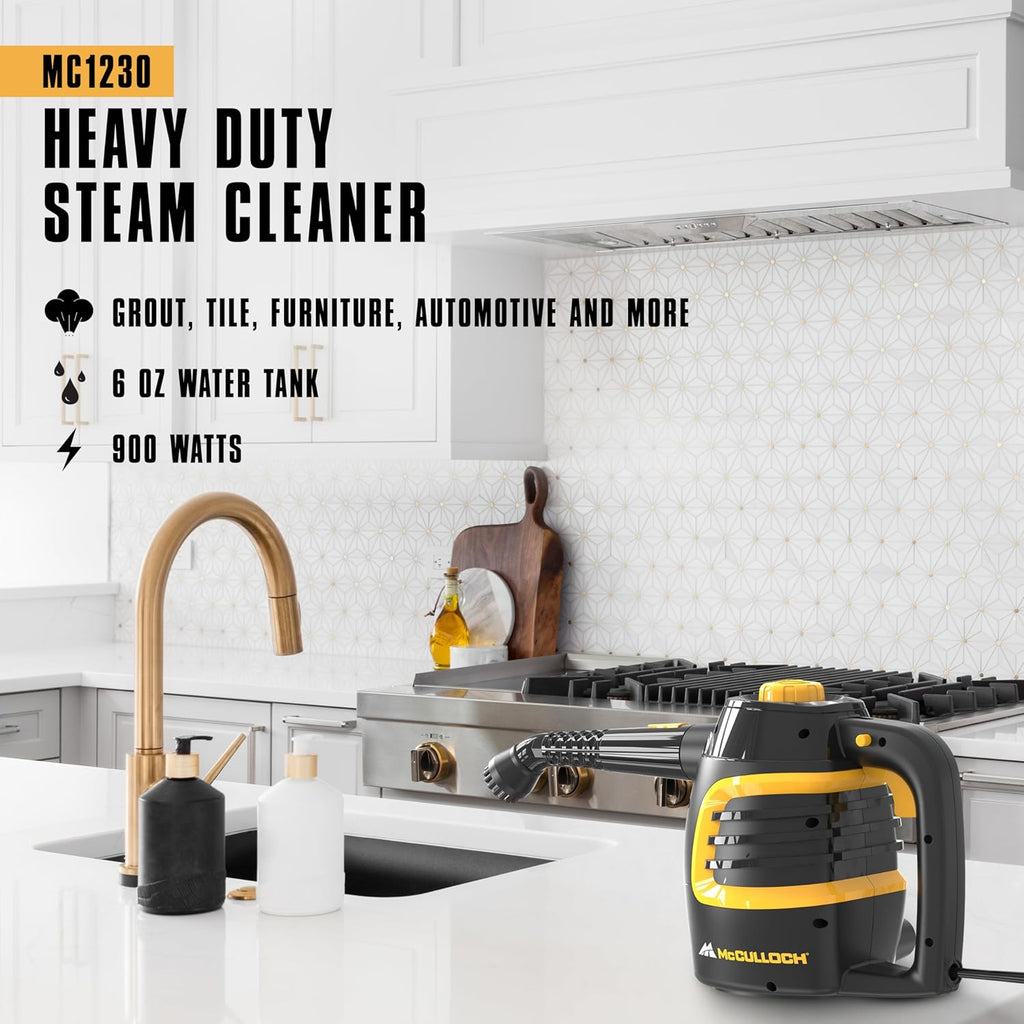 McCulloch MC1230 Handheld Steam Cleaner - 10-Minute Runtime with 11 Accessories for Home & Car Detailing