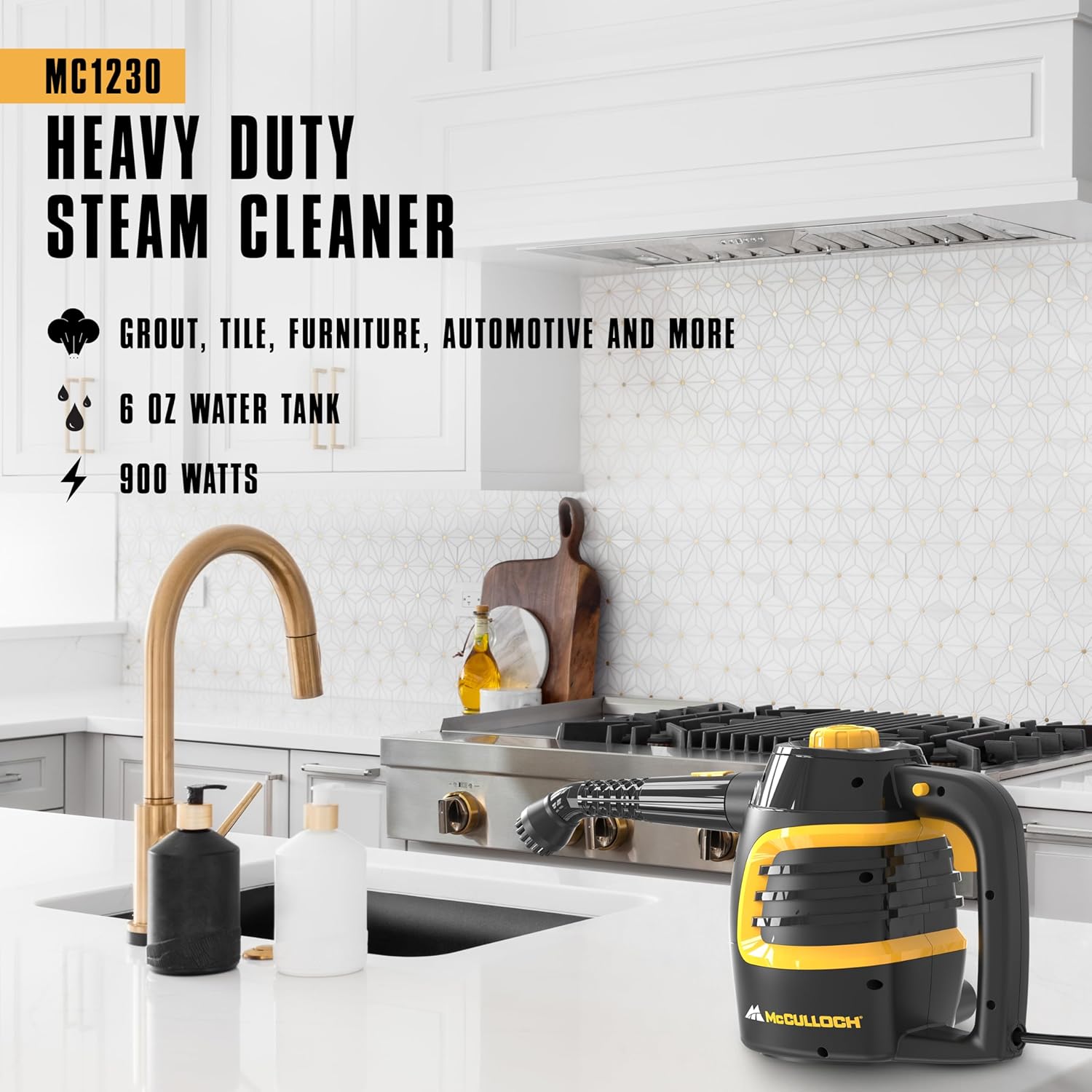 McCulloch MC1230 Handheld Steam Cleaner - 10-Minute Runtime with 11 Accessories for Home & Car Detailing