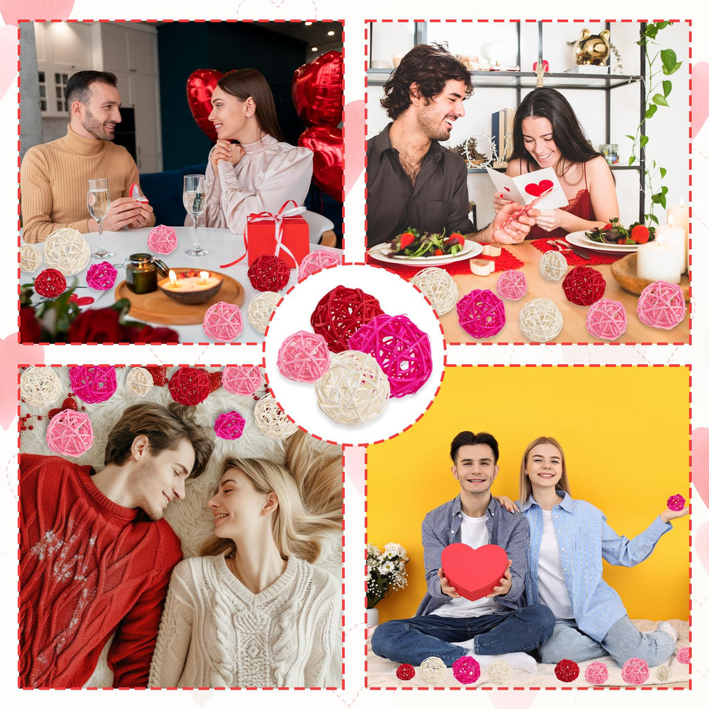 GuassLee 24Pcs Valentine's Day Decorative Rattan Balls, Pink Red Grey Wicker Balls Decorations for Valentine's Day Decor Centerpiece DIY Crafts Vase Bowl Orbs Filler Wedding Home Decor, 1.2"/2"/2.4"
