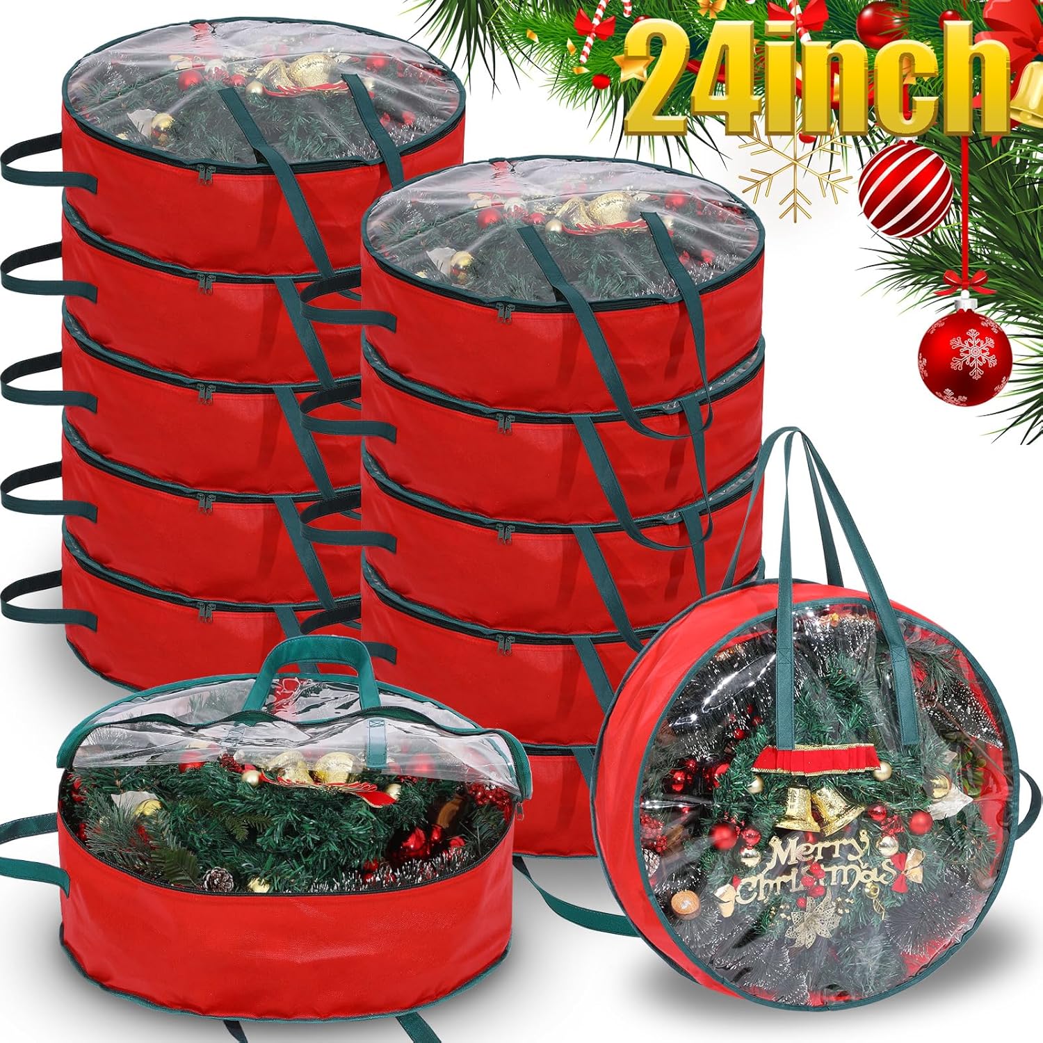 Shappy Wreath Storage Bag - 12 Pcs Clear Window Containers with Handle for Holiday Decor | 24 Inch
