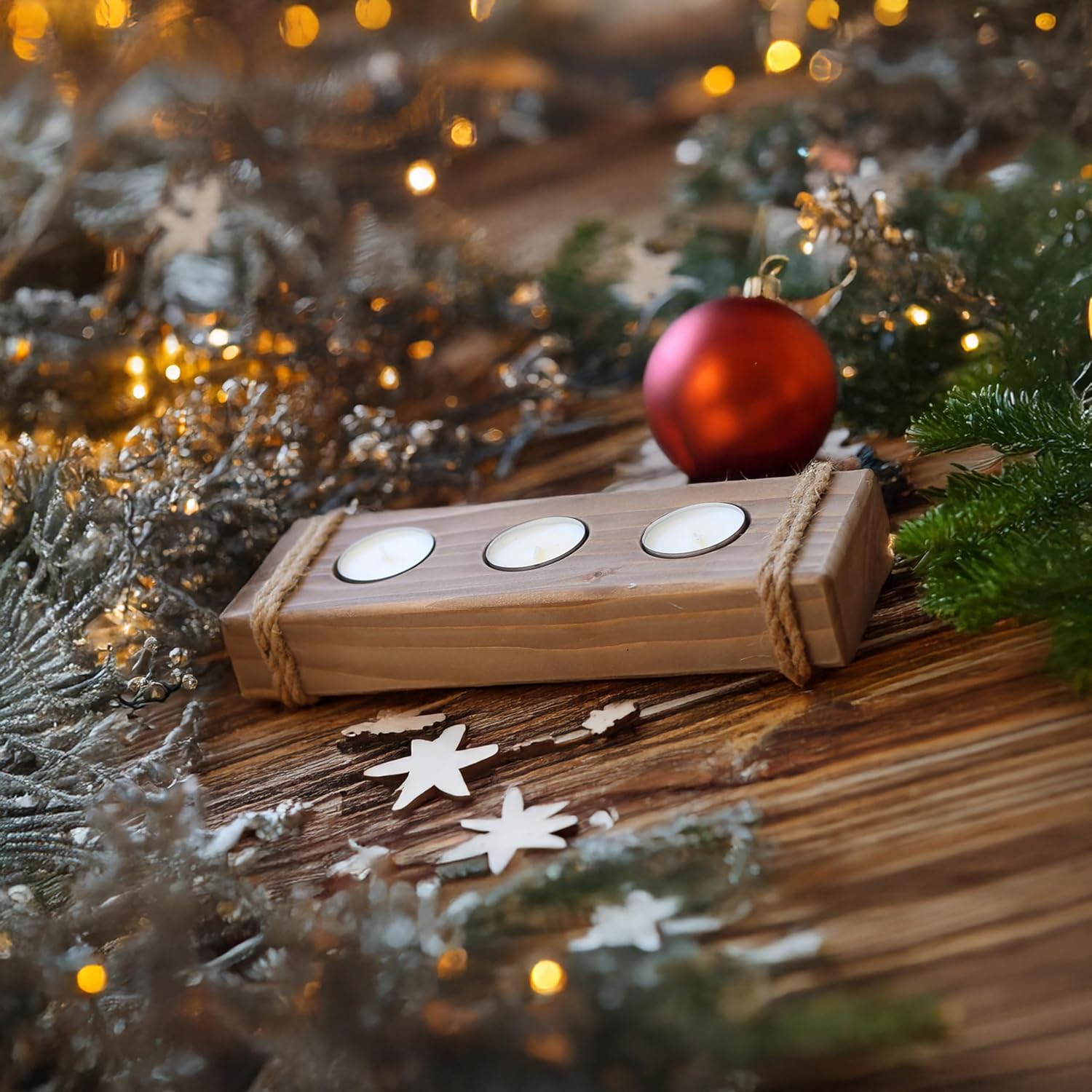 Skiennix Wooden Tealight Candle Holder - Rustic Farmhouse Decor - 3 Tea Light Tray in Brown