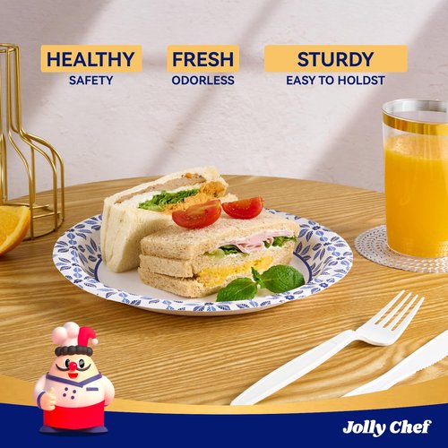 JOLLY CHEF 10 inch Disposable Paper Plates 500 Count, Soak Proof, Cut Proof, Heavy Duty Paper Plates for Party or Everyday Use