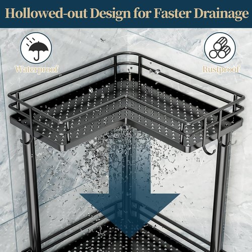 Consumest 3-Tier Corner Shower Caddy - Stainless Steel Organizer with Soap Holder & 4 Hooks, Black