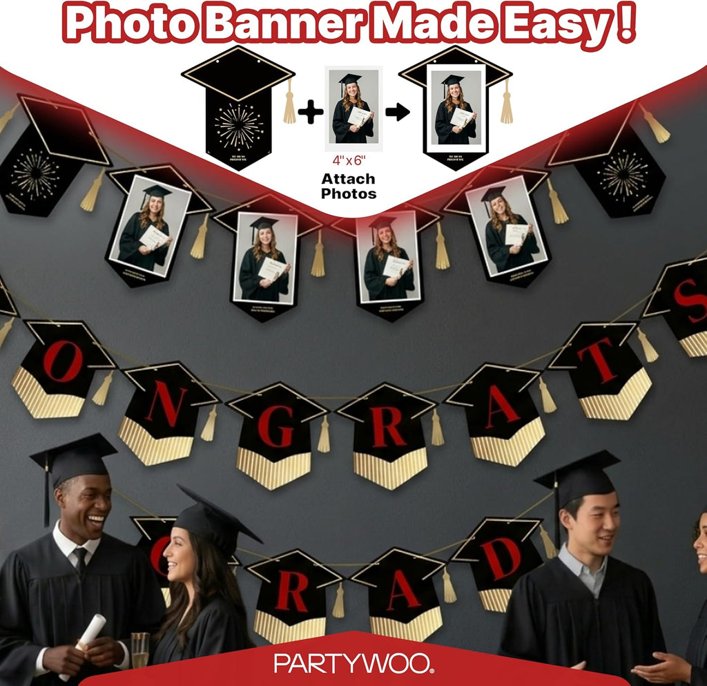 PartyWoo Graduation Banner - Class of 2026 Black and Red Decorations | 2-Piece Hanging Congrats Grad Set