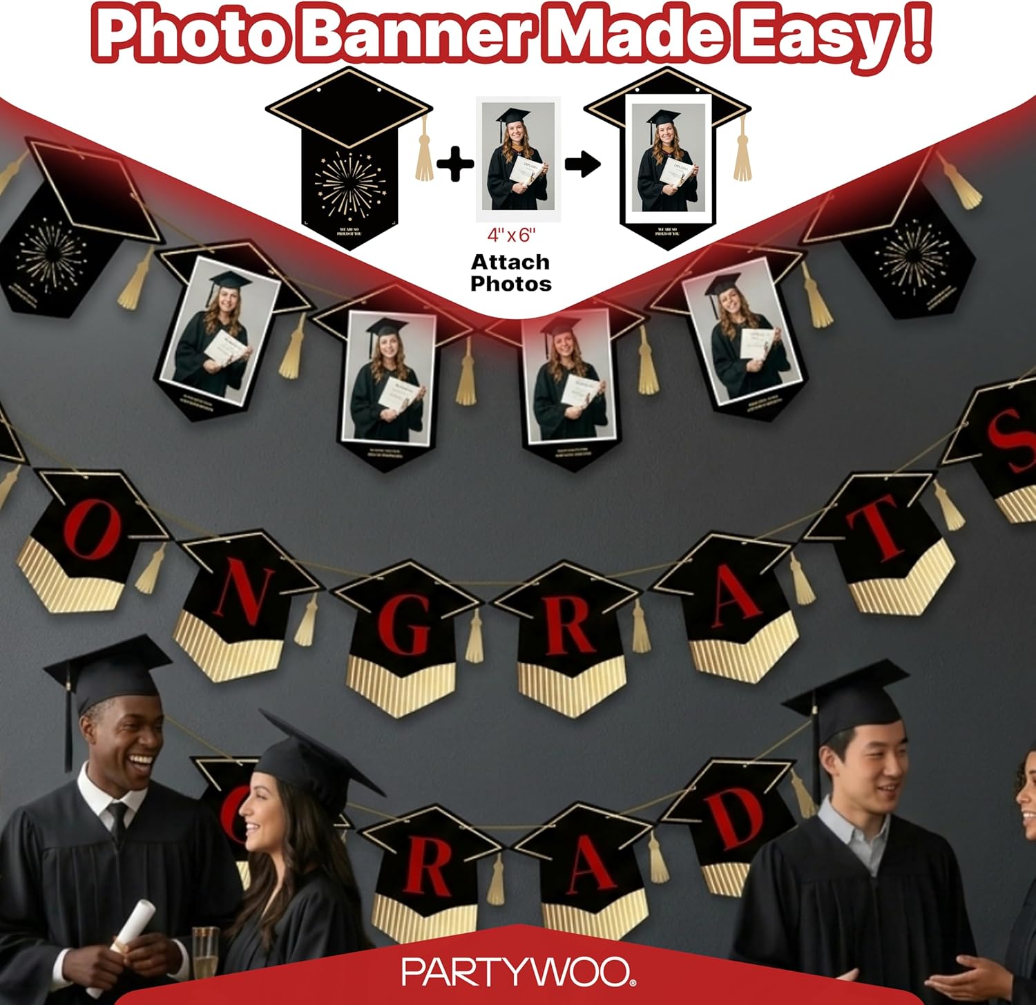 PartyWoo Graduation Banner - Class of 2026 Black and Red Decorations | 2-Piece Hanging Congrats Grad Set