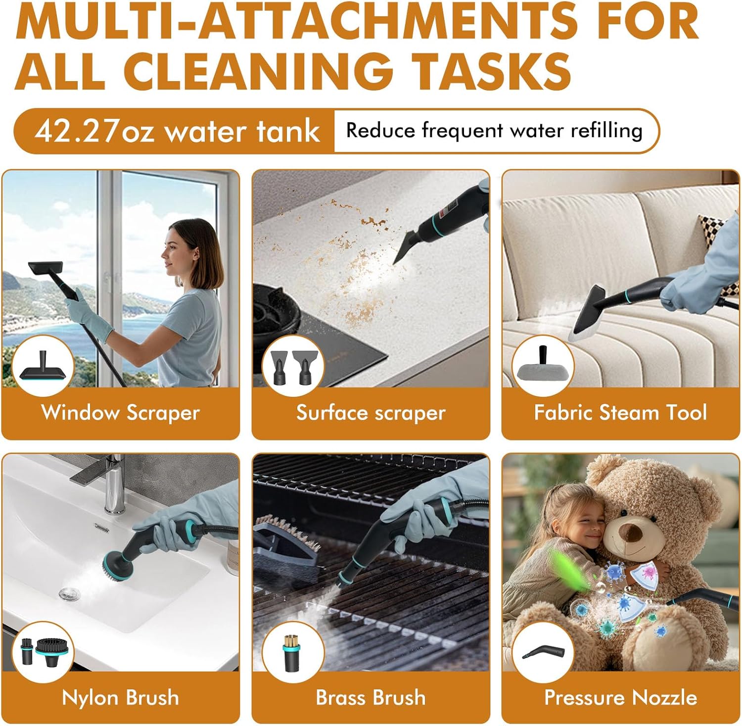Skiennix Handheld Steam Cleaner - 15s Fast Heat-Up, 2500W Power, 42.27oz Tank | 15 Accessories for Home Cleaning