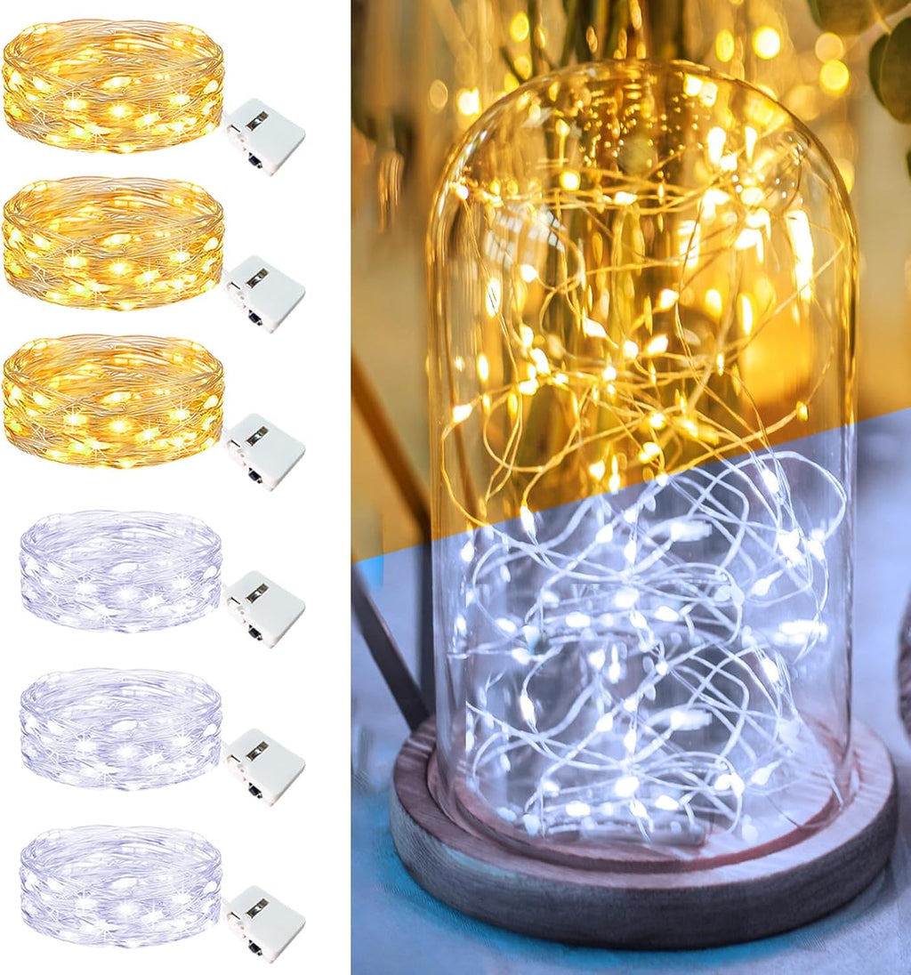 Skiennix 6 Pack Fairy Lights - 7ft Battery Operated 20 LED Twinkle Lights | Waterproof for DIY Party & Wedding - Warm White & Cold White