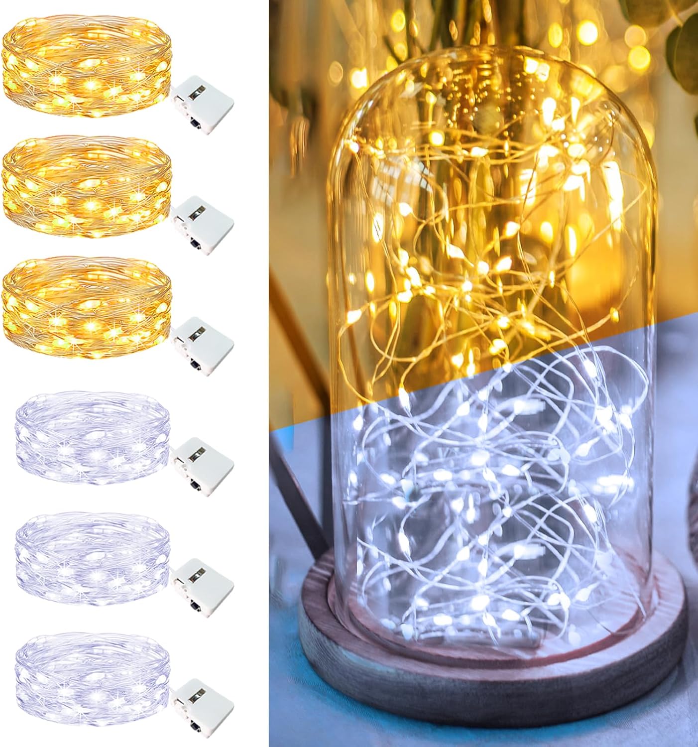Skiennix 6 Pack Fairy Lights - 7ft Battery Operated 20 LED Twinkle Lights | Waterproof for DIY Party & Wedding - Warm White & Cold White