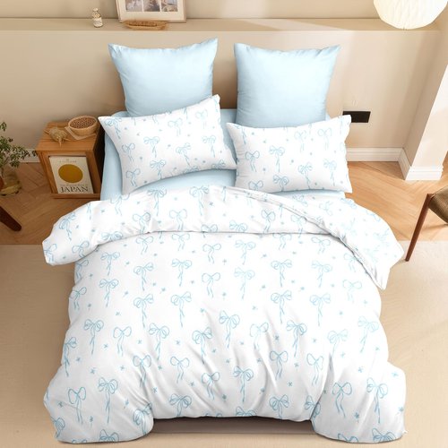 Bildenly Comforter Set Full Size White - Light Blue Bow Quilt Bedding Set 3 Pieces, Comforter Set Full, Soft & Lightweight Comforter(79‘’ x 90‘’) for Girl All Season & 2 Pillow Cases(30‘’x20‘’)