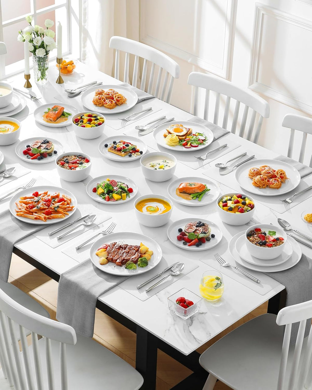 MALACASA 24-Piece Gourmet Porcelain Dinnerware Set | Premium Chip & Scratch Resistant Plates & Bowls for 8 - White, Series LEXI