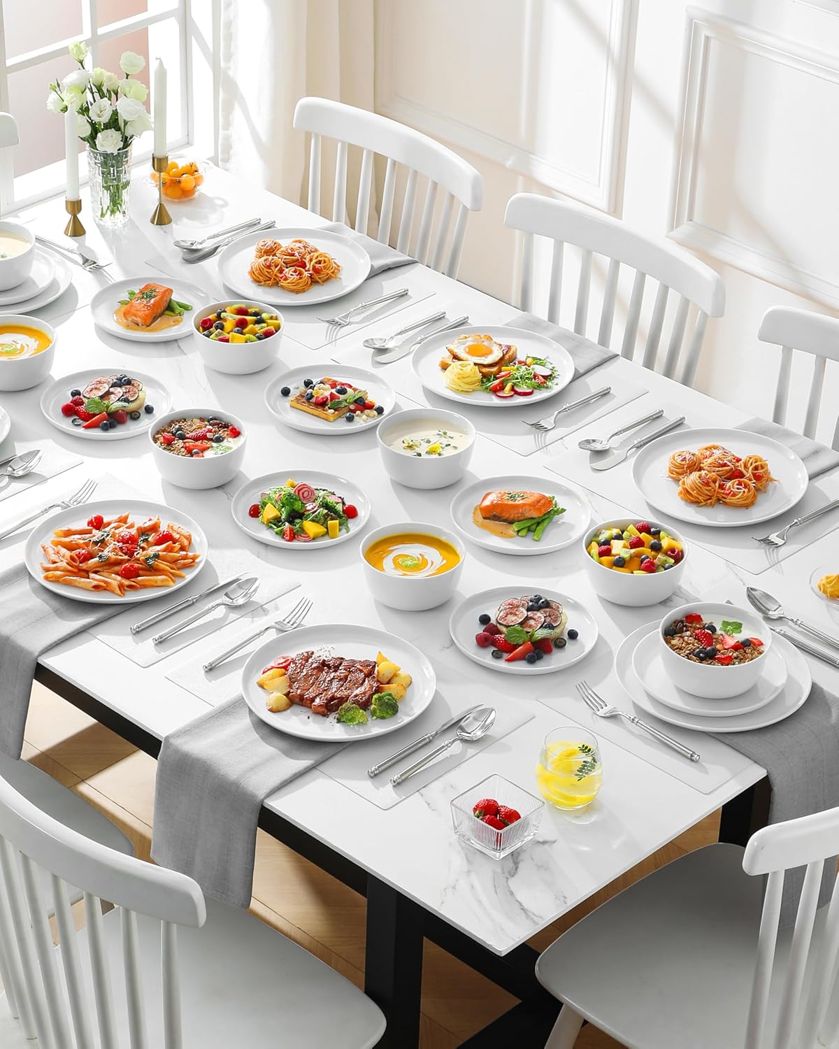 MALACASA 24-Piece Gourmet Porcelain Dinnerware Set | Premium Chip & Scratch Resistant Plates & Bowls for 8 - White, Series LEXI