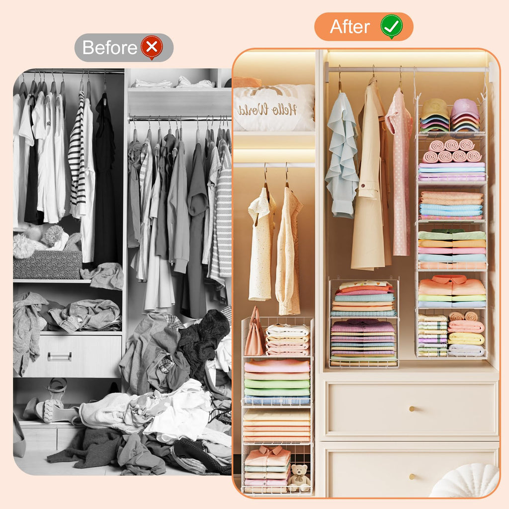 Yuyetuyo 6 Tier Raised-Height Hanging Closet Organizer, Stackable Sweater Organizer for Closet, Wire Storage Basket Bins for Clothes Purse Shoes, Hanging Shelves with 4 Hooks & 3 Dividers Adjustable
