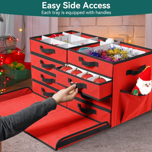 Peyulia Christmas Ornament Storage Box, Stackable Organizer with Lid and Pockets, Side Open, 8 Trays, 128-3" Holiday Ornament Container with Removable Trays and Adjustable Dividers, Red