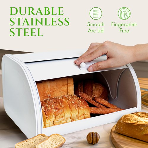 Modern Metal White Bread Box for Kitchen Countertop for Homemade Loaf Sourdough, Roll Top Breadbox for Kitchen Countertop Storage Container Bin, Farmhouse Stainless Steel Bread Keeper for Counters