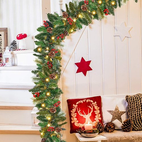 Juegoal 9FT Pre-Lit Christmas Garland - Artificial Greenery with Flowers, Berries & 50 Warm White LED Lights | Indoor/Outdoor Decor