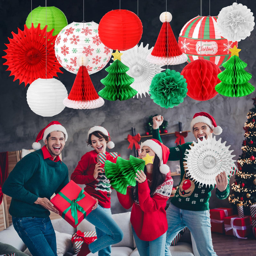 Gilprop 17 Pcs Christmas Party Hanging Decorations Xmas Paper Lanterns Paper Winter Hanging Fans Christmas Honeycombs Paper Flower Balls for Xmas Holiday Party Yard Indoor Outdoor Home Decor Supplies