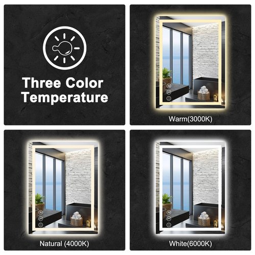 24x32 LED Bathroom Mirror with Lights, Anti Fog Vanity Mirror Wall Mounted, Dimmable Front Light and Backlight, Memory Function Tempered Glass, Shatter Proof ETL Listed