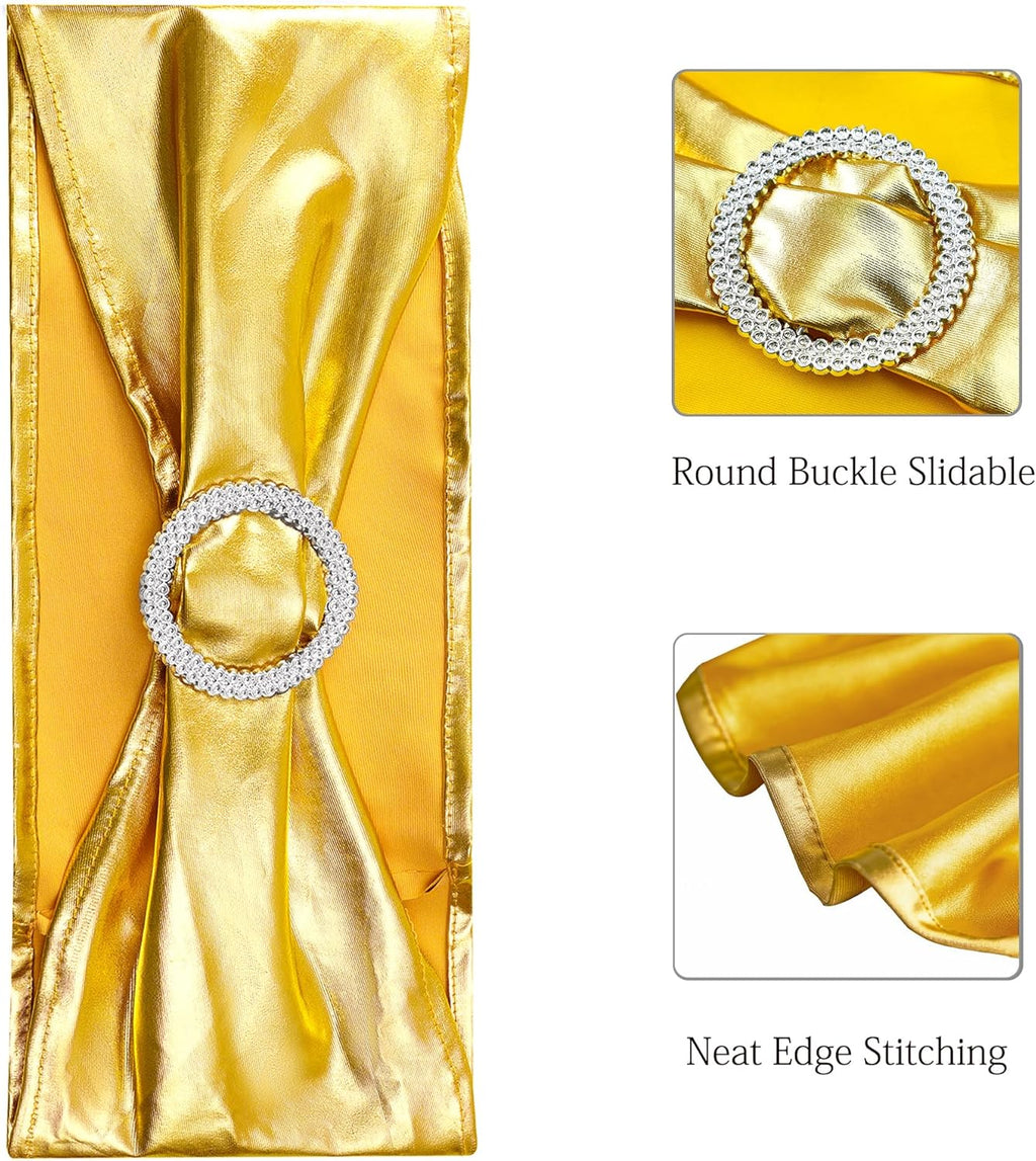 Skiennix Spandex Gold Chair Sashes - Pack of 50 for Weddings, Parties & Events | Elegant Metal Bow Design