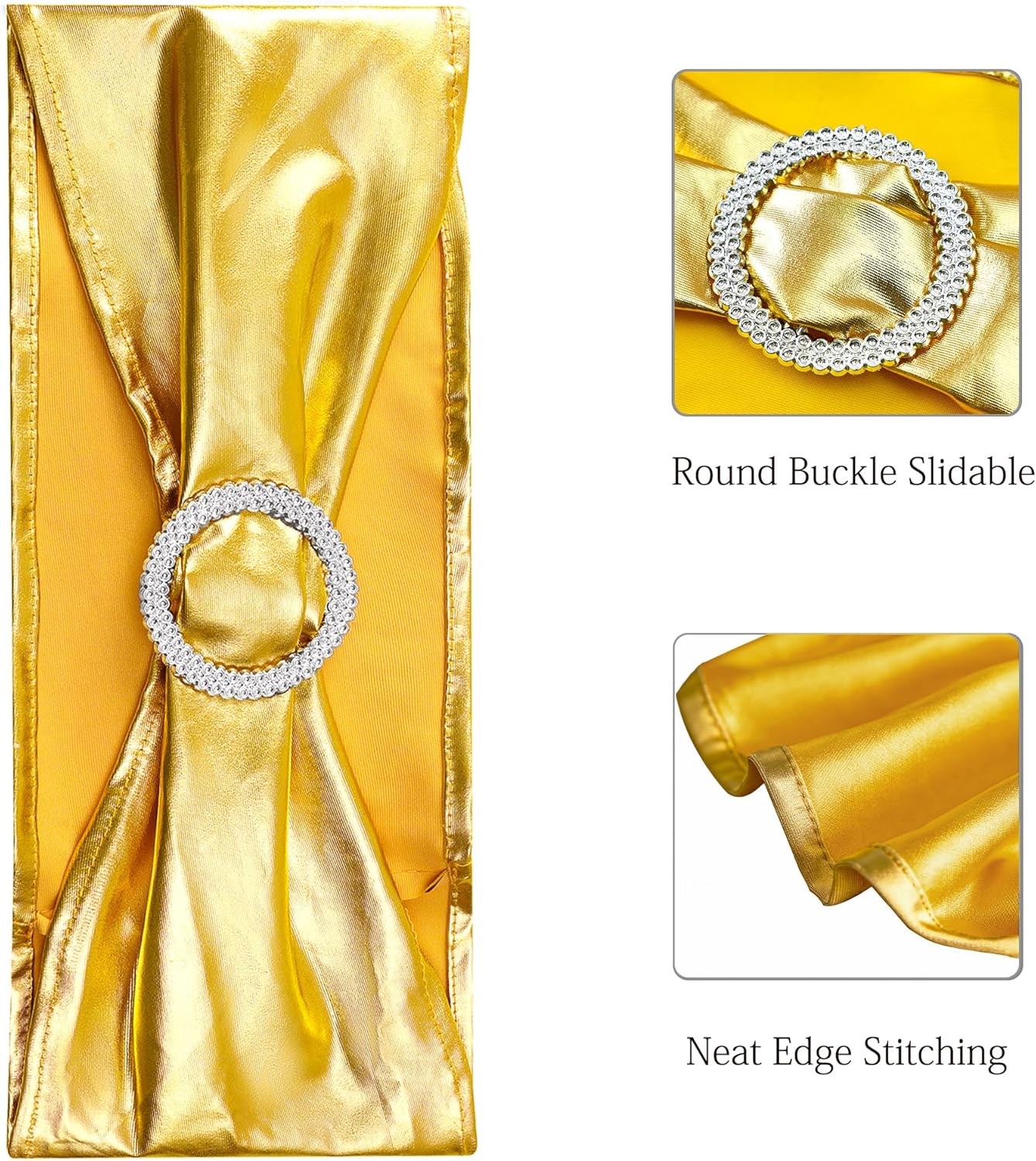 Skiennix Spandex Gold Chair Sashes - Pack of 50 for Weddings, Parties & Events | Elegant Metal Bow Design