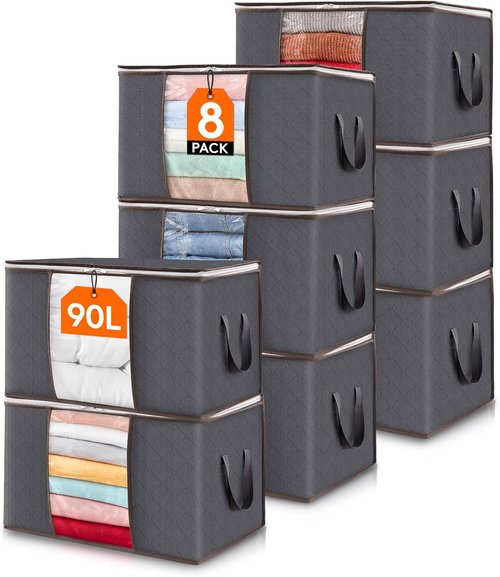 Lifewit 90L Clothes Storage Bins - 8 Pack Foldable Bags with Lids & Clear Window for Easy Organization