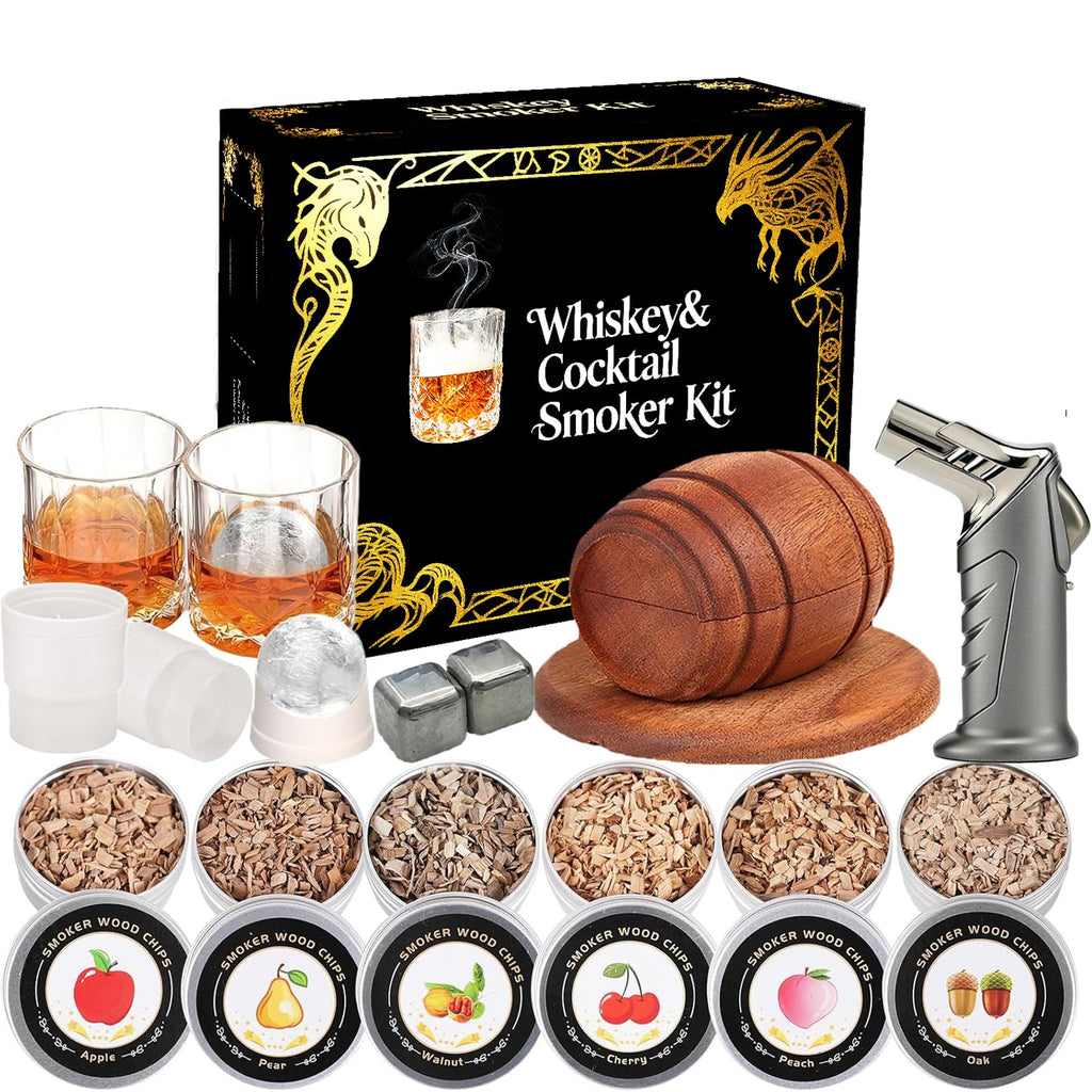 Whiskey Smoker Kit with Torch - 6 Flavors Wood Chips, 2 Metal Ice Cubes, 2 Glasses - Cocktail Smoker Infuser Kit, Old Fashioned Drink Smoker Kit, Birthday Whiskey Bourbon Gifts for Men,Dad(NO Butane)