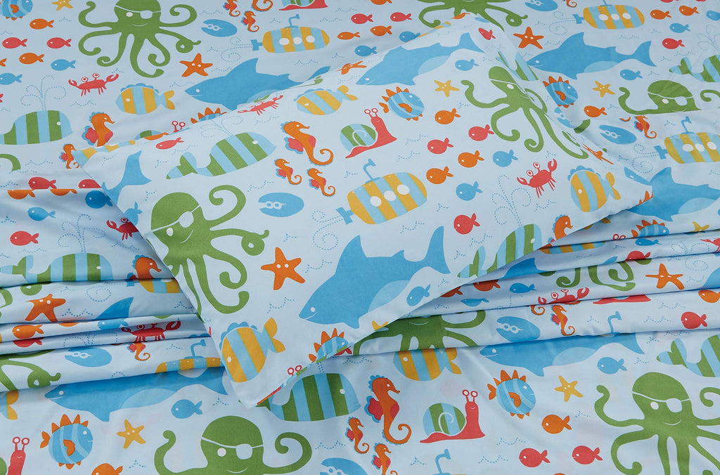 Kids Zone Home Linen Sheet Set Sea Life Octopus Crabs Fishes Whales Sharks Light Blue Green Red Orange New # Octopus (Full)