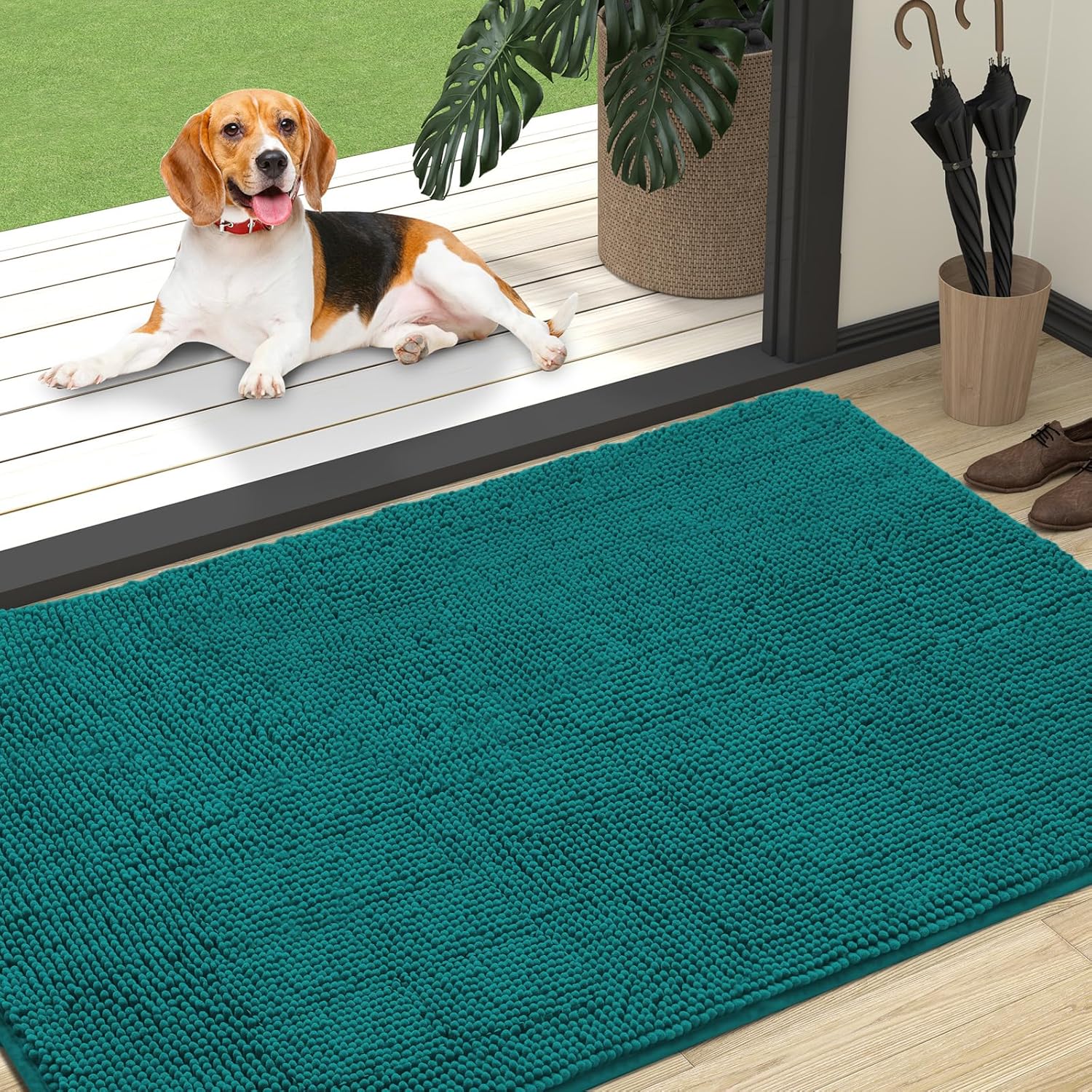 OLANLY Dog Door Mat - Absorbent Non-Slip Chenille for Muddy Paws | Quick Dry 47x32, Lake Blue