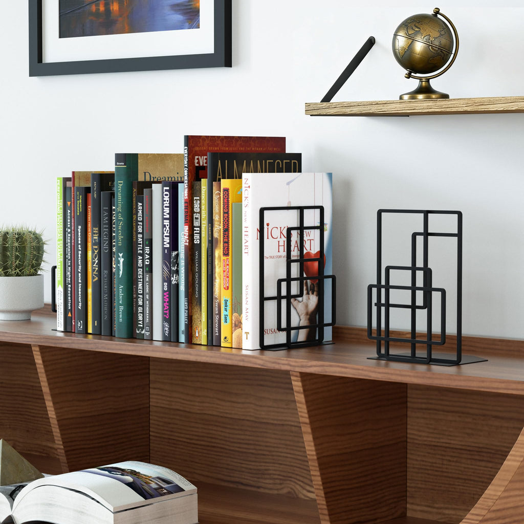 SRIWATANA Book Ends Heavy Duty, Decorative Black Bookends for Shelves, Window Lattice Design