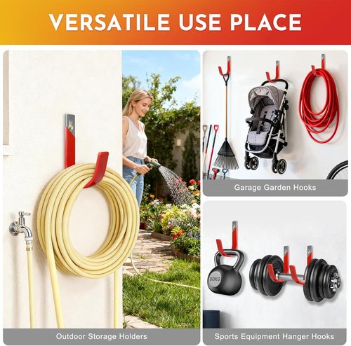 Heavy Duty Metal Garage Hooks - Wall Mount Utility Storage Hangers | 2 Pack for Garage & Garden, Red