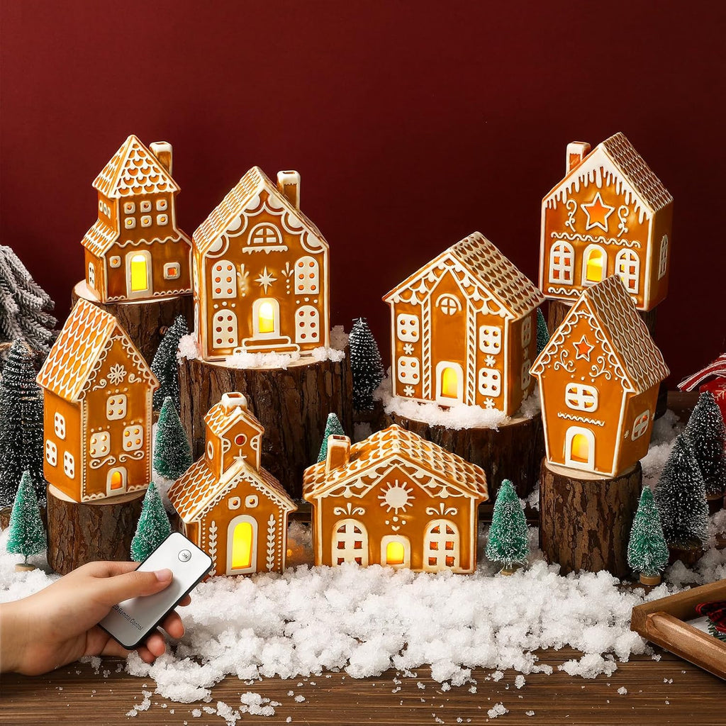 WILLBOND 29 PCS LED Gingerbread Christmas Village Set - Lighted Ceramic Houses & Trees | Remote Control Decor