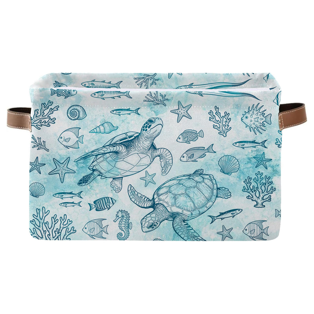 REETOOK Rectangle Ocean Sea Turtle Storage Basket, Storage Box Bin with Handles for Toy, Collapsible Laundry Hamper, Laundry Organizer for Room Nursery, Gifts for Chritsmas Thanksgiving 14.9x11x9.4