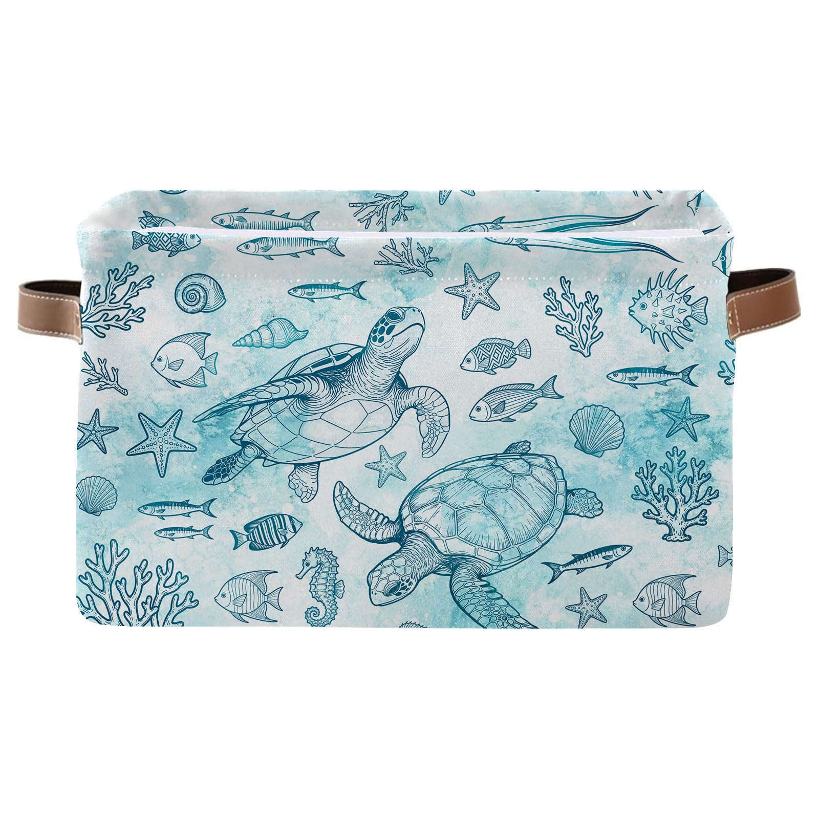 REETOOK Rectangle Ocean Sea Turtle Storage Basket, Storage Box Bin with Handles for Toy, Collapsible Laundry Hamper, Laundry Organizer for Room Nursery, Gifts for Chritsmas Thanksgiving 14.9x11x9.4