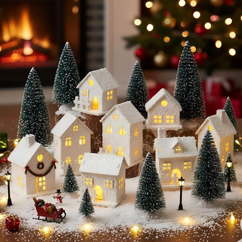 Kajaia Christmas Winter Village Set - 12 Houses & Trees with LED Lights | Cute White Figurines