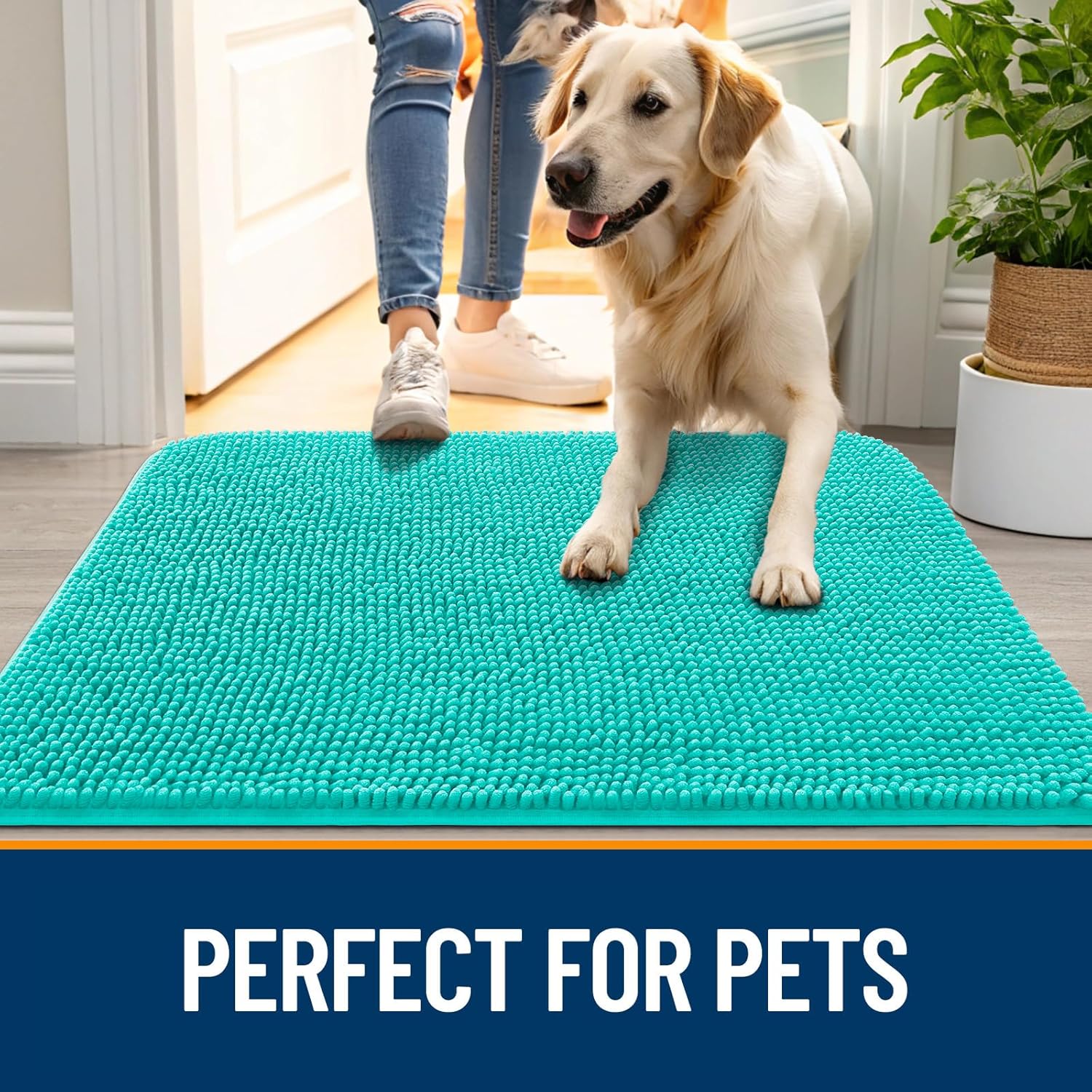 OLANLY Dog Door Mat - Absorbent Non-Slip Chenille Mat for Muddy Paws | 70x46, Quick Dry, Teal