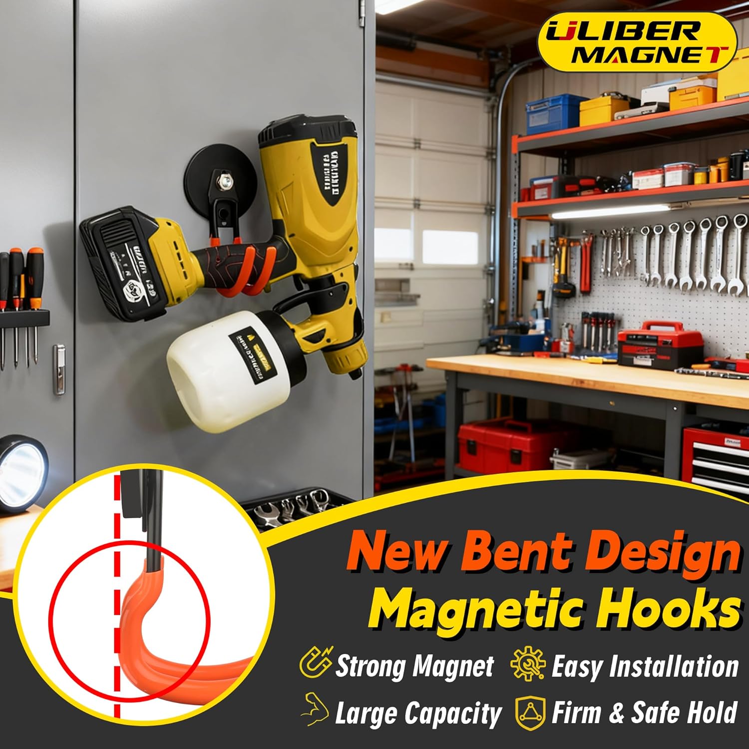 ULIBERMAGNET Ultra-Strong Magnetic Hooks - 40LB Heavy Duty Hold for Tools & Cords | 2 Pack, Orange, 3.46 Inch