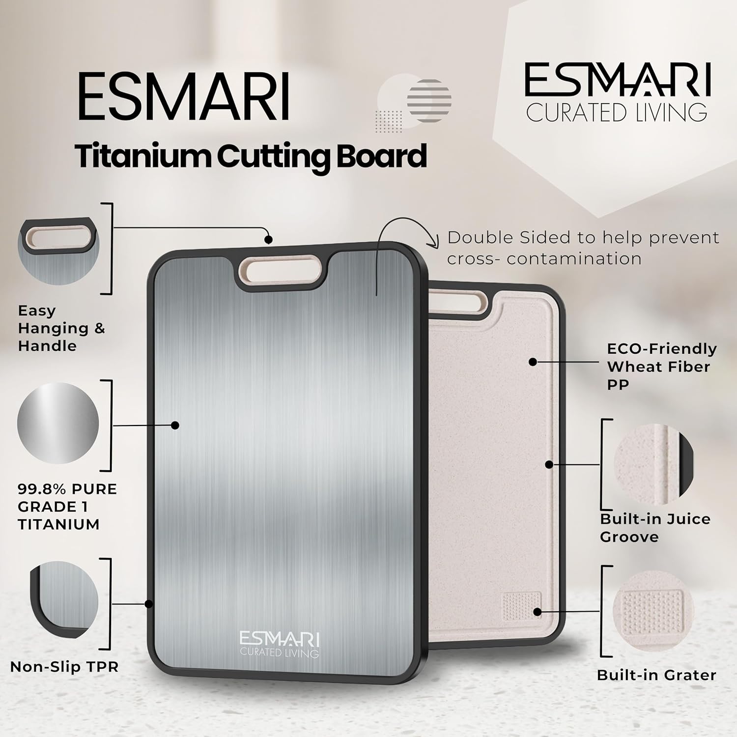 Titanium Cutting Board - 2-in-1 Double-Sided Food Grade Pure Titanium & PP | Large 16” × 11” Easy Clean Chopping Board for Meat & Vegetables