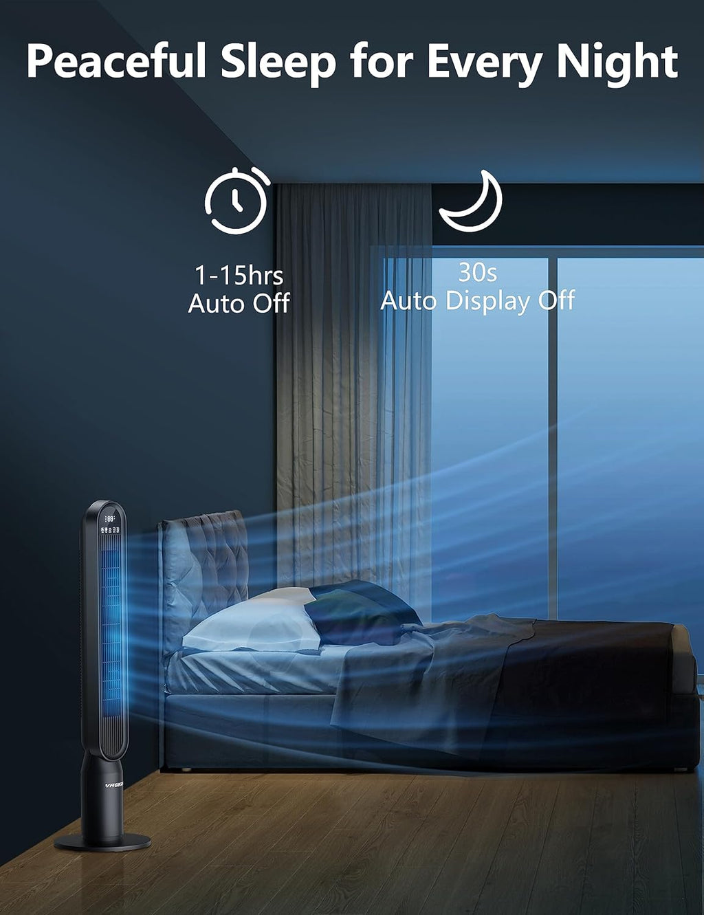 VAGKRI 42-Inch Quiet Tower Fan - Bladeless Design with 135° Oscillation & 4 Speed Modes | Remote Control, Black