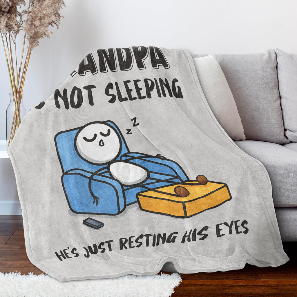 GoMelley Funny Fathers Day Grandpa Gifts, Grandpas Birthday Gift from Grandkids, Grandpa is Not Sleeping Blanket, Super Soft Throws Blanket for Napping, Promoted to Grandpas Gifts, 60" x 50"(Gray)